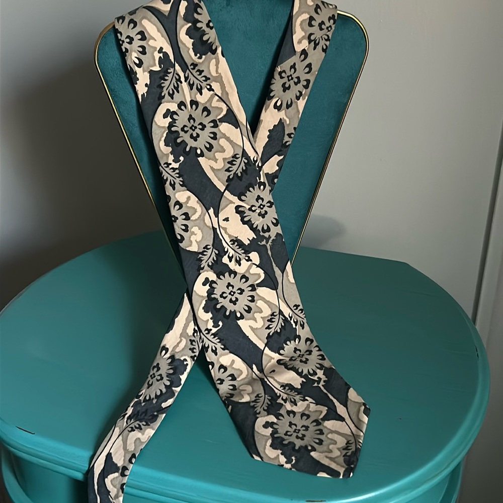 Vintage 70s Arnold Scaasi Italian Silk Black Gray Blue Taupe Abstract Floral